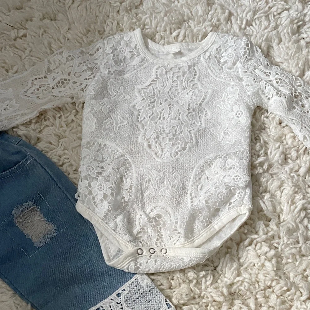 girls size 18mo -24mo matching set White Lace 1pc top Blue Jeans w white lace ¥